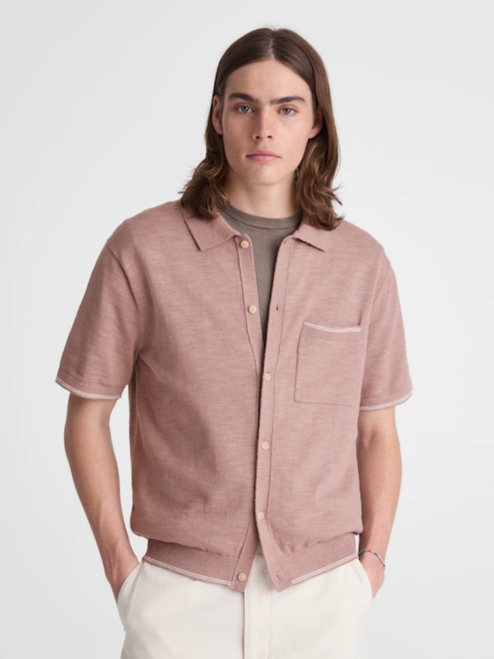 Madewell Tipped Knit Button-Up Shirt in Slub Knit Cotton